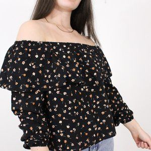 *Blue Blush Black Floral Ruffle Off The Shoulder Blouse, Small